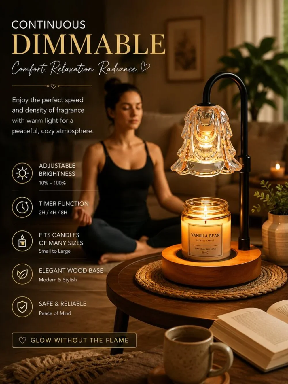 Adjustable Candle Warmer Lamp with Dimmer | Polished Wood Base Tabletop Wax Warm